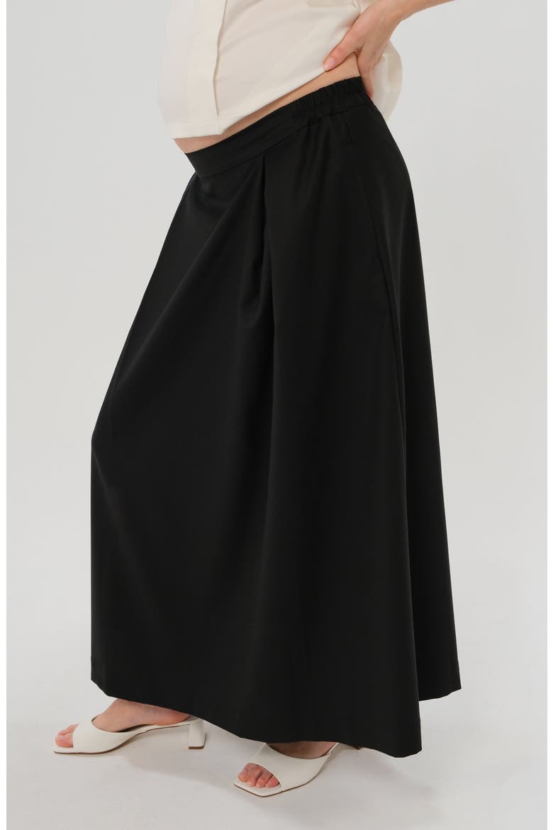Women's Over-Under Bump Pleated Maternity Maxi Skirt in Cream Satin, Alternate, color, Black