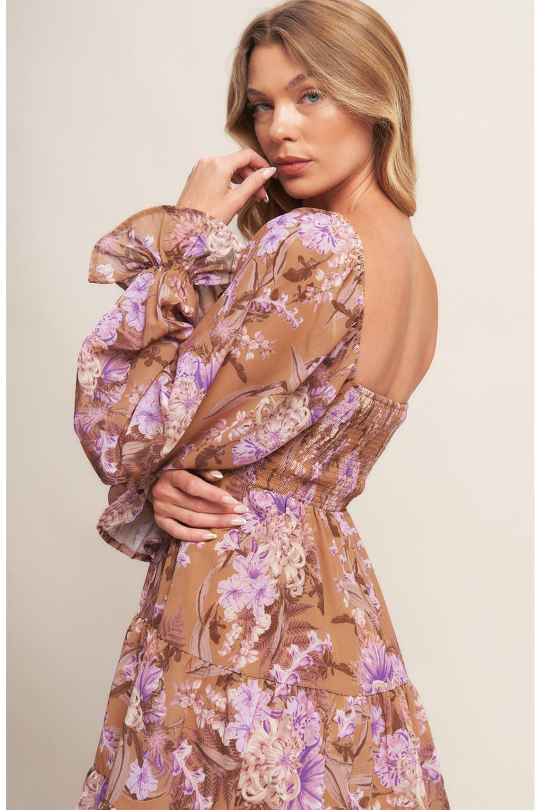 Floral Long Sleeve Babydoll Dress, Alternate, color, CAMEL