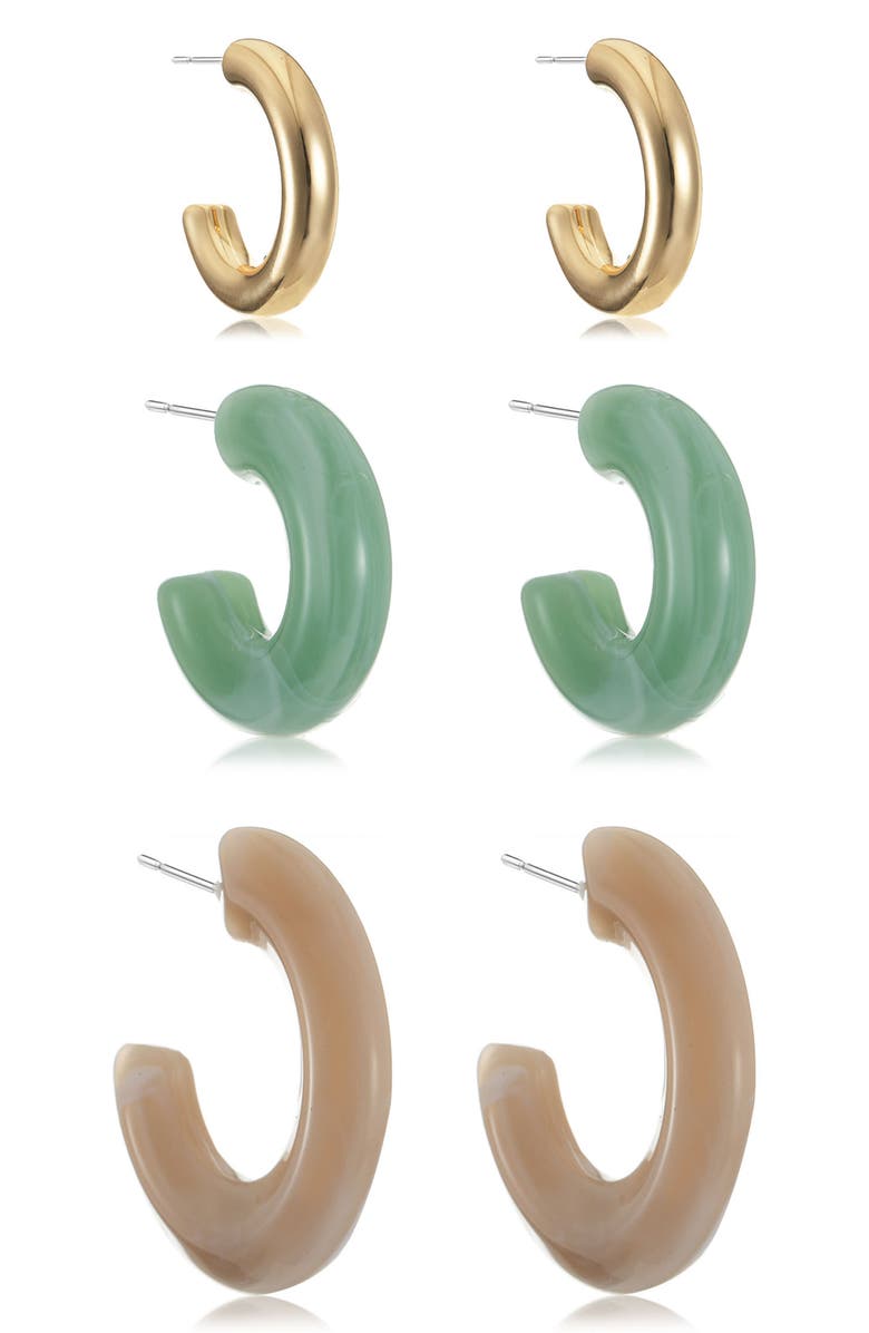 Ettika Funky Set of 3 Assorted Hoop Earrings, Alternate, color, Green Multi
