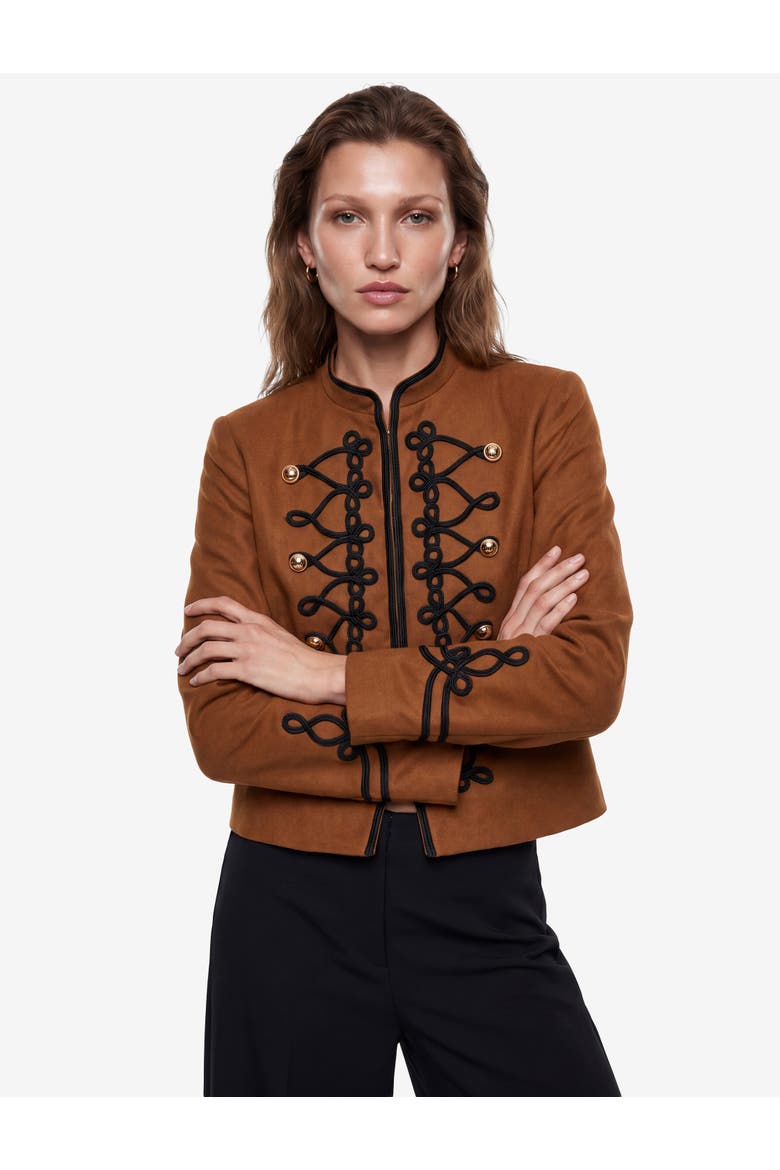 Linen Blend Mandarin Collar Napoleon Jacket with Decorative Braided Trim, Alternate, color, BROWN