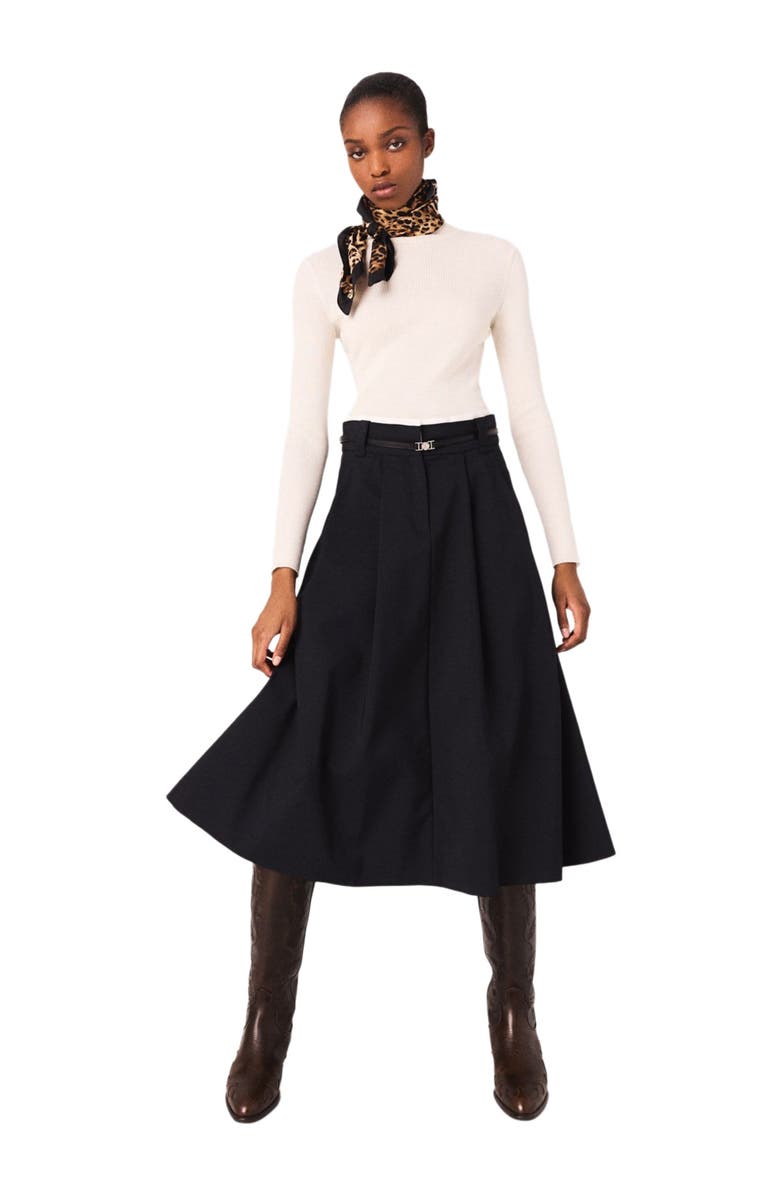 maje Long cotton skirt with belt, Alternate, color, Navy
