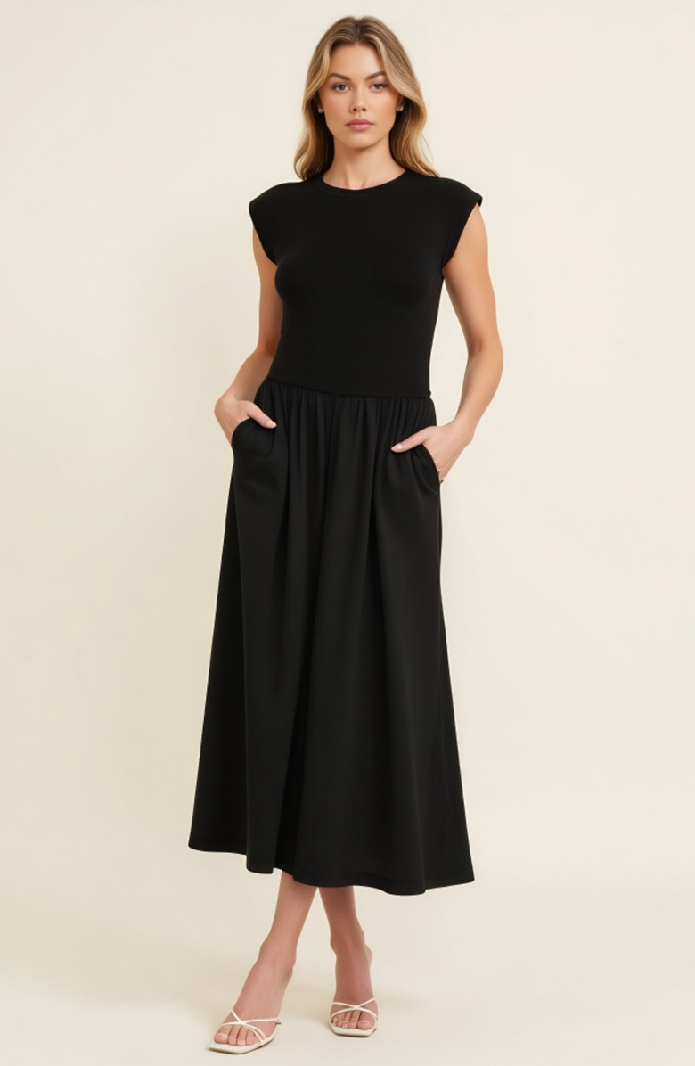 Modenaire Cap Sleeve Fitted Bodice Dress with Gathered Midi Skirt and Pockets, Alternate, color, Black