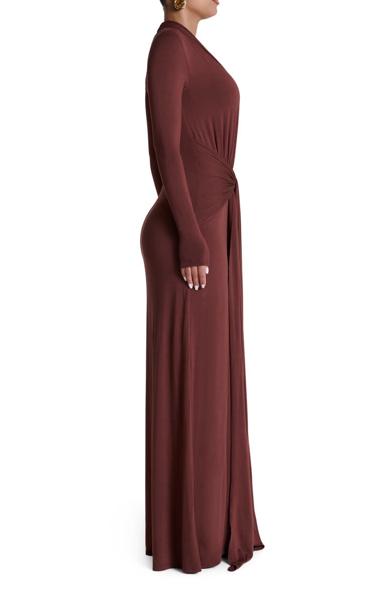 Naked Wardrobe Plunge Neck Long Sleeve Stretch Jersey Maxi Dress, Alternate, color, Pecan Brown