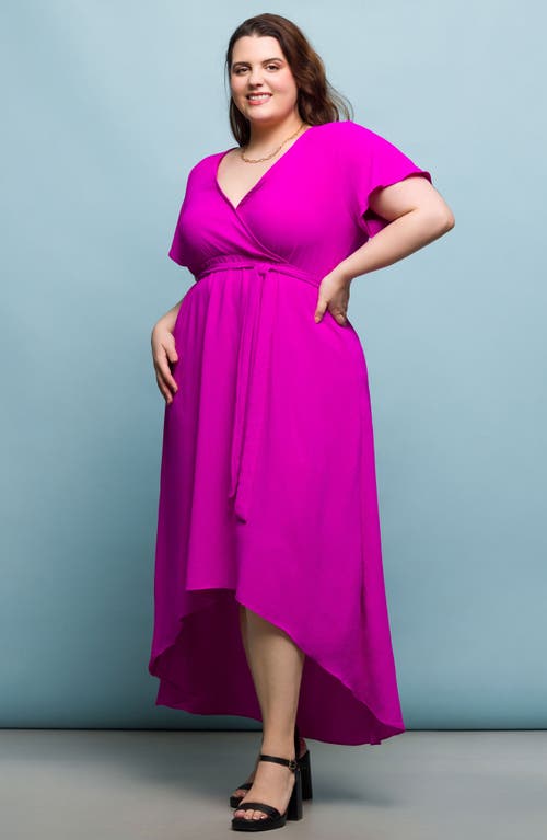24seven Comfort Apparel Plus Size V-neck Belted Faux Wrap High Low Dress
