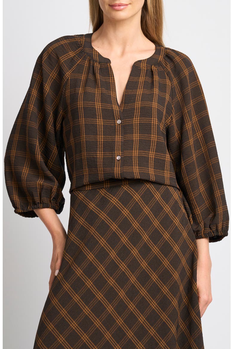 Plaid Raglan Sleeved Button Down Top, Main, color, TOBACCO BROWN