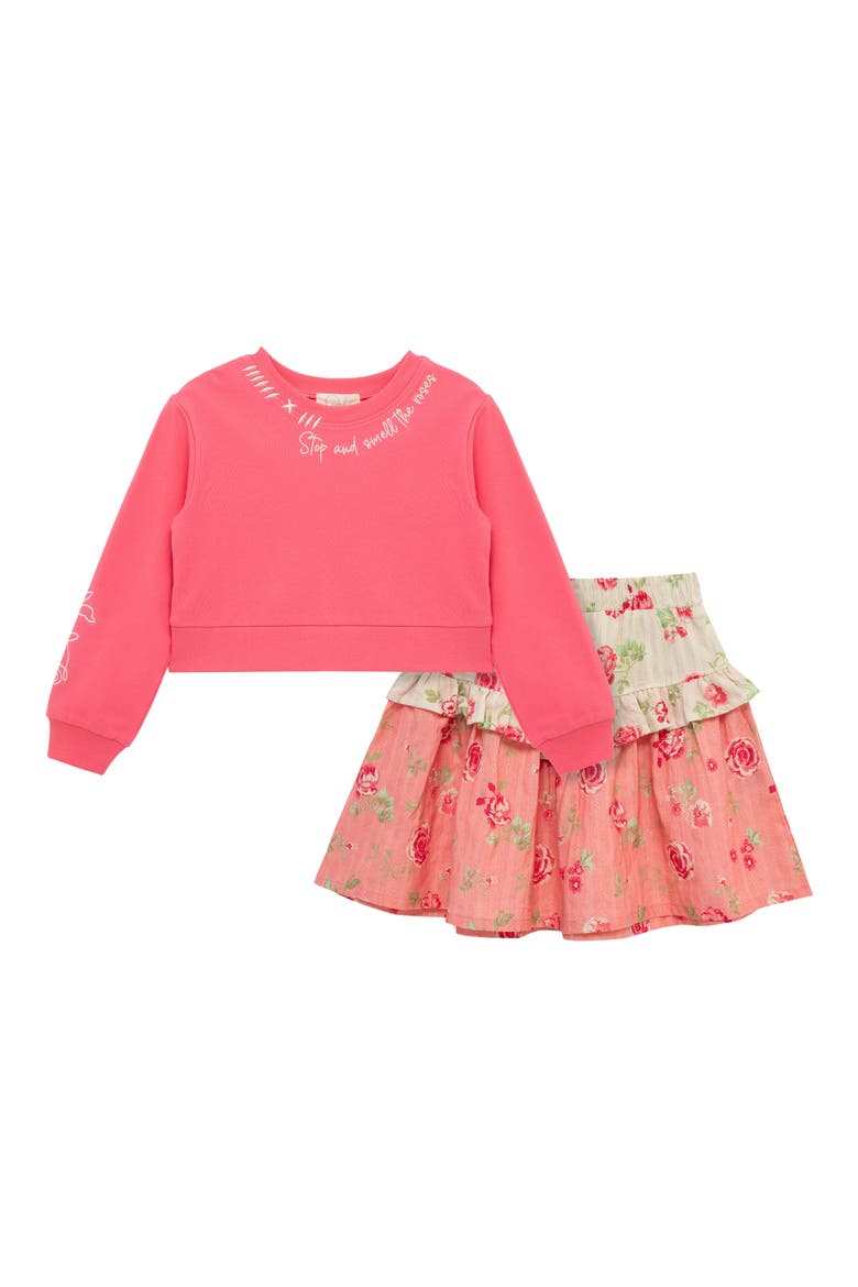Kids' Graphic Sweatshirt & Floral Print Skirt Set, Main, color, CORAL