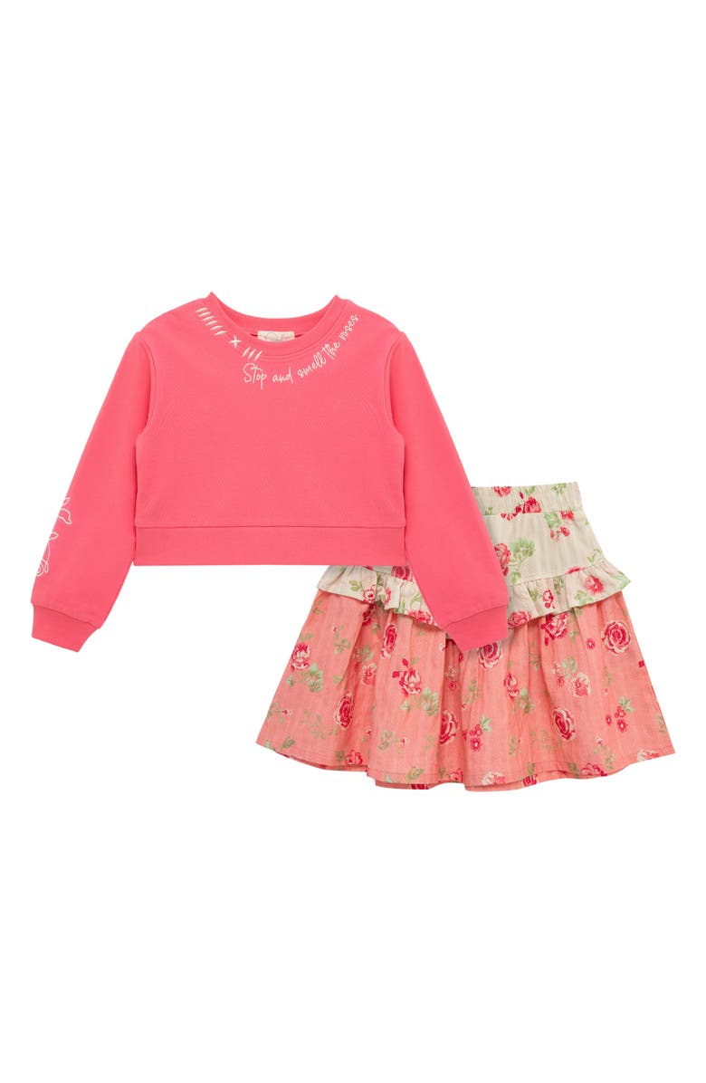 Peek Aren't You Curious Kids' Graphic Sweatshirt & Floral Print Skirt Set, Main, color, Coral