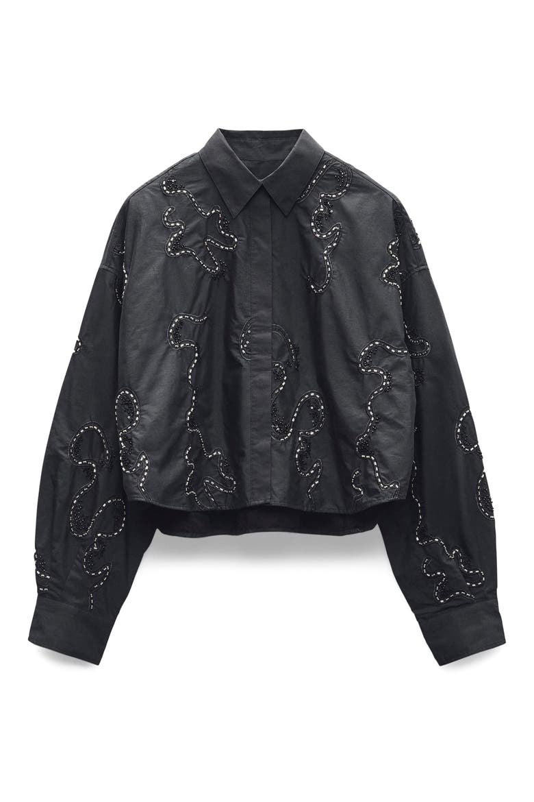 Beatrice Beaded Embroidered Button-Up Shirt, Alternate, color, BLACK EMBROIDERED