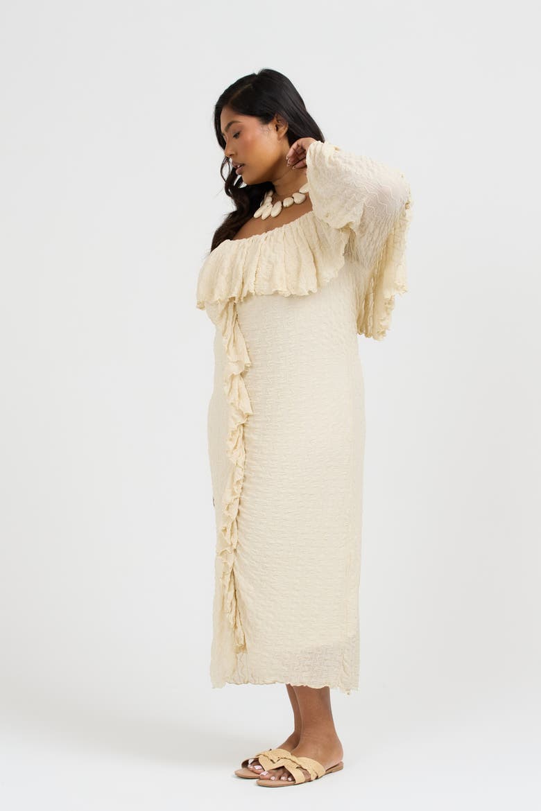 Ruffle Bardot Dress, Main, color, Beige