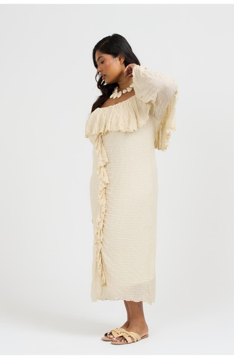 FASHION-SZN CURVE Ruffle Bardot Dress, Main, color, Beige