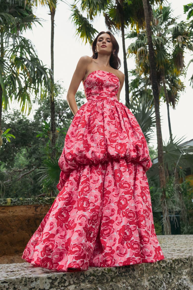 Strapless Floral Brocade Ballgown with Bubble Hem, Alternate, color, Pink Multi