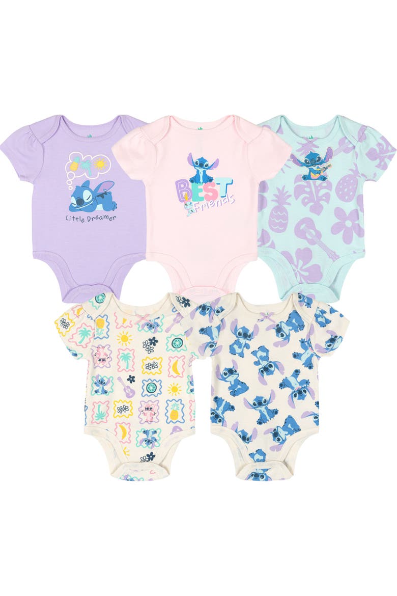 Lilo & Stitch Girls' 5-Pack Short Sleeve Bodysuits, Main, color, Stitch Angel Aqua Pink