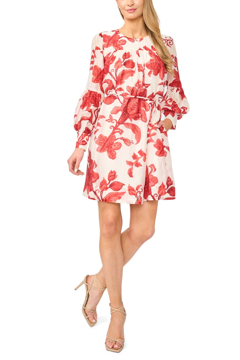 Floral Long Sleeve Dress, Main, color, LAVA RED