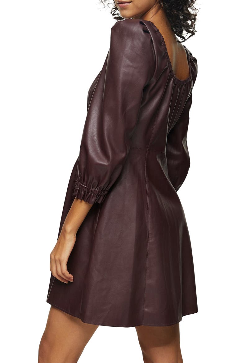Balloon Sleeve Faux Leather Fit & Flare Dress, Alternate, color, BURGUNDY