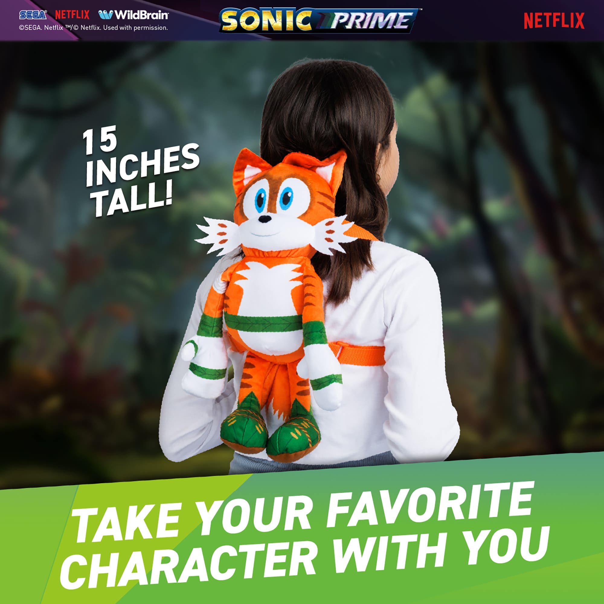 Sonic Prime 15 Inch Plush Kids Backpack Mangey Tails, Alternate, color, Multicolored