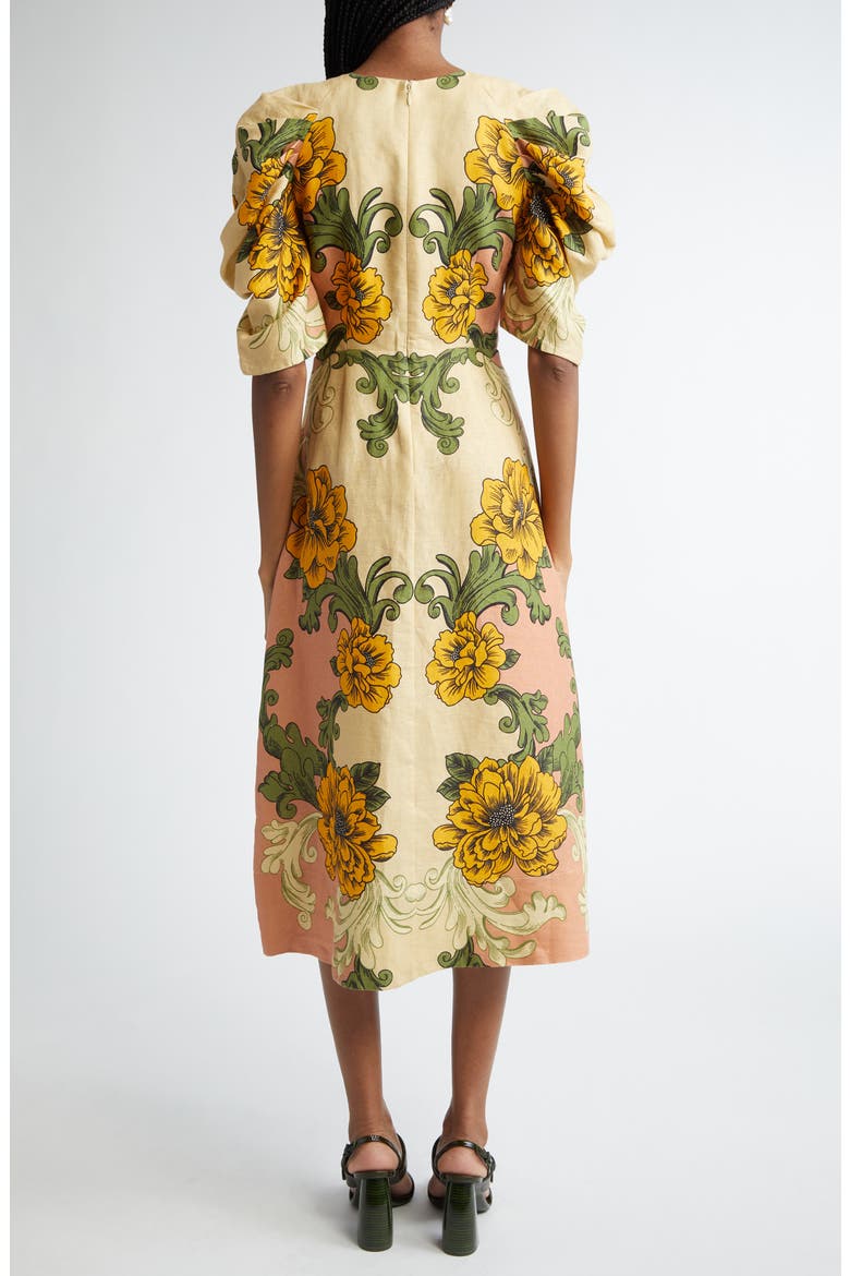 Delicate Flower Arabesques Linen Midi Dress, Alternate, color, DELICATE FLOWER ARAB
