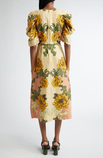 Delicate Flower Arabesques Linen Midi Dress