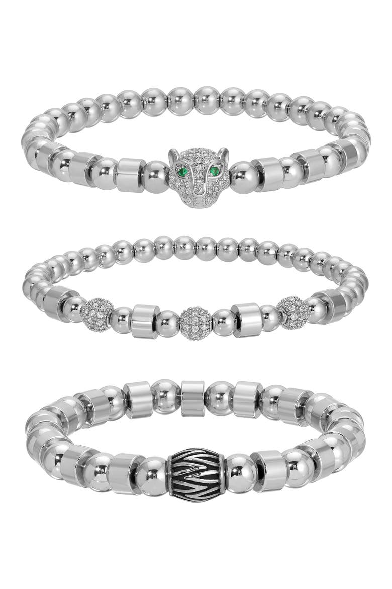 Men's Set of 3 Metallic Leopard Stretch Bracelets, Main, color, SILVER