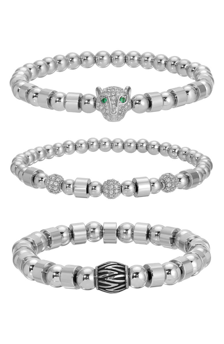 EYE CANDY LOS ANGELES Men's Set of 3 Metallic Leopard Stretch Bracelets, Main, color, Silver