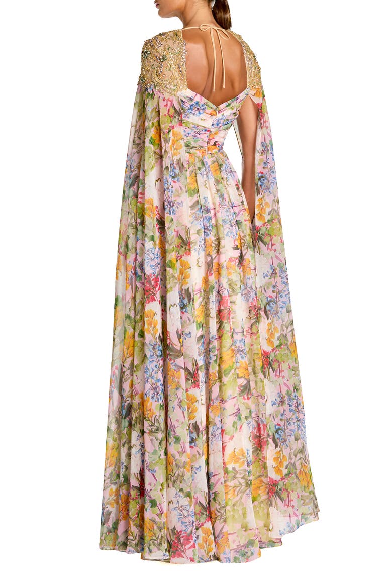 Printed Chiffon Gown With Beaded Cape Sleeves, Alternate, color, Pastel Multi