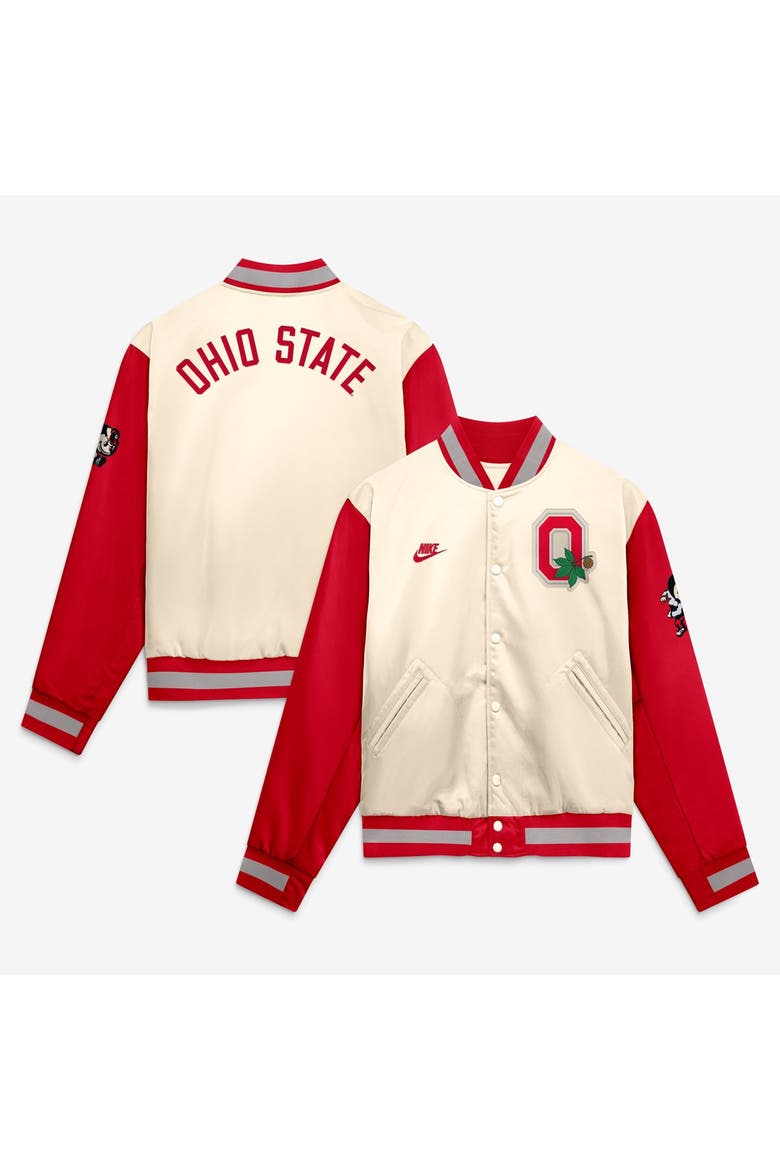 Men's Nike  Natural/Scarlet Ohio State Buckeyes Legacy Full-Snap Bomber Jacket, Main, color, Natural
