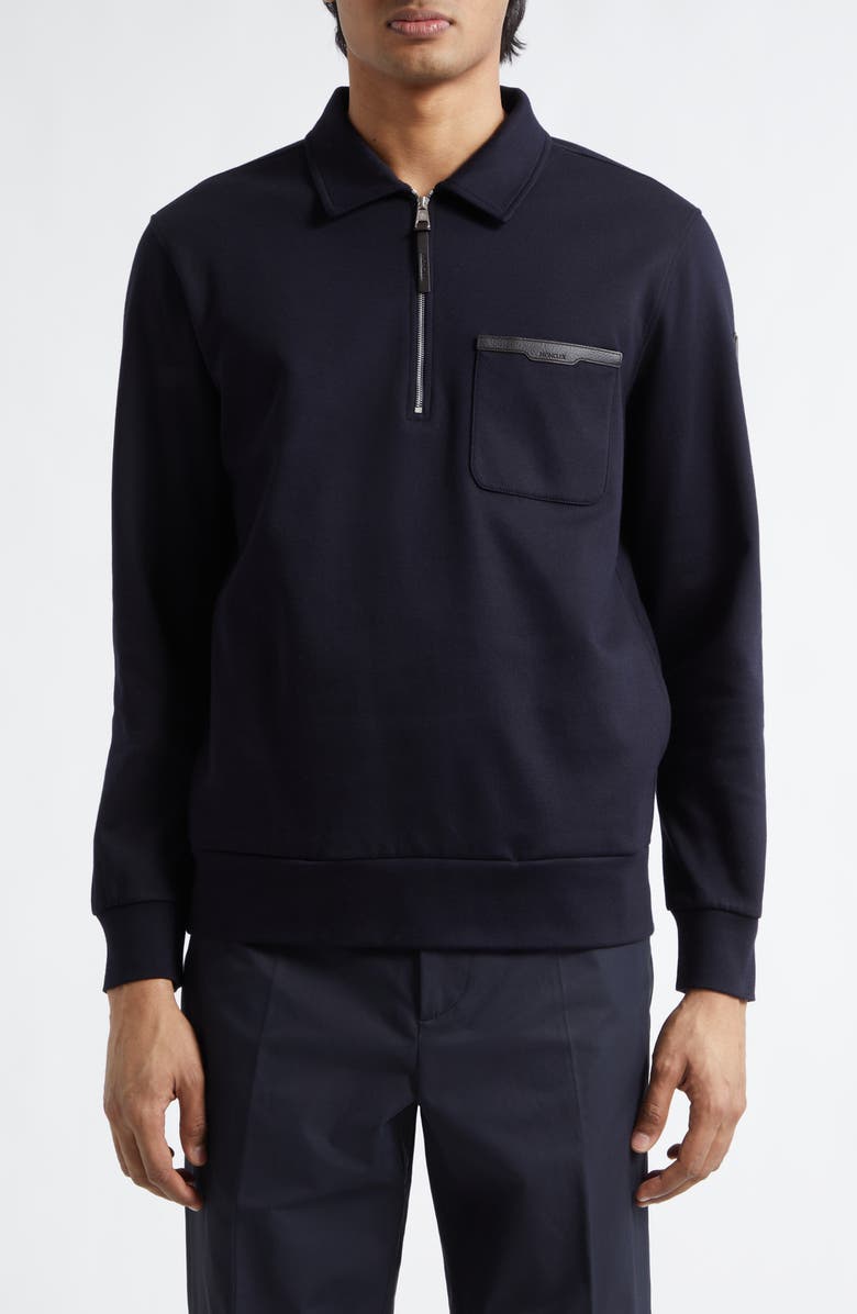 Moncler Leather Logo Cotton Blend Half Zip Pullover, Main, color, Night Sky