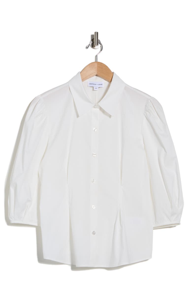 Gemma + Jane Three-Quarter Sleeve Pleated Waist Button-Up Shirt, Alternate, color, White