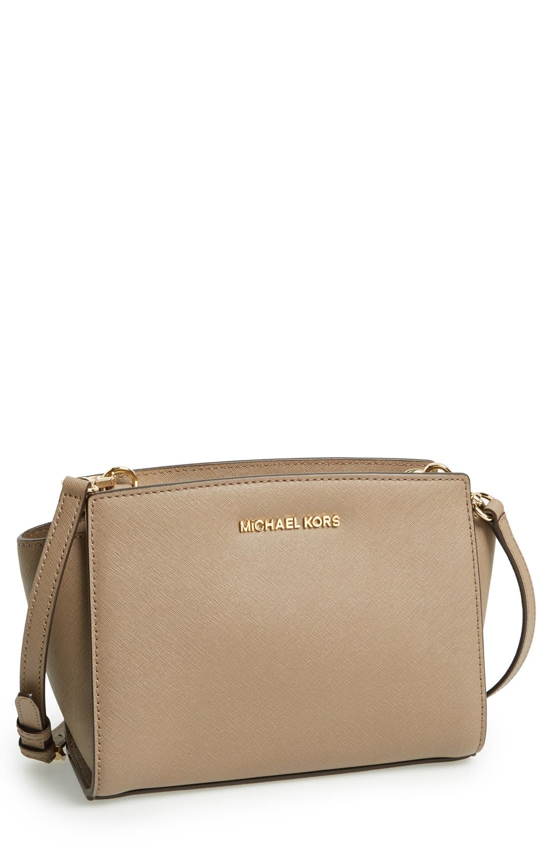 'Medium Selma' Saffiano Leather Crossbody Bag, Main, color, DARK DUNE