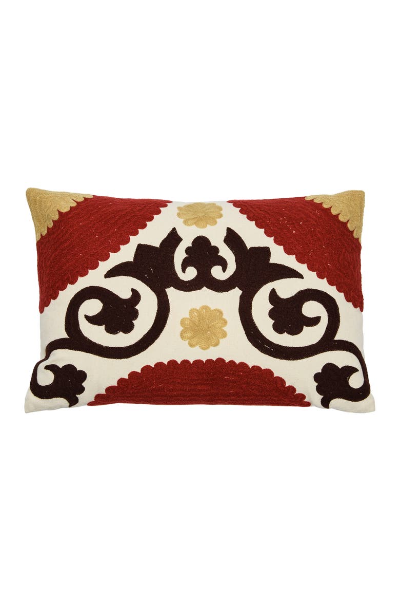 Cotton Embroidered Lumbar Pillow with Suzani Embroidery, Main, color, Red