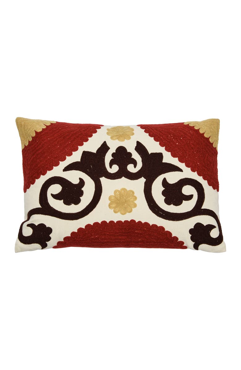 Storied Home Cotton Embroidered Lumbar Pillow with Suzani Embroidery, Main, color, Red