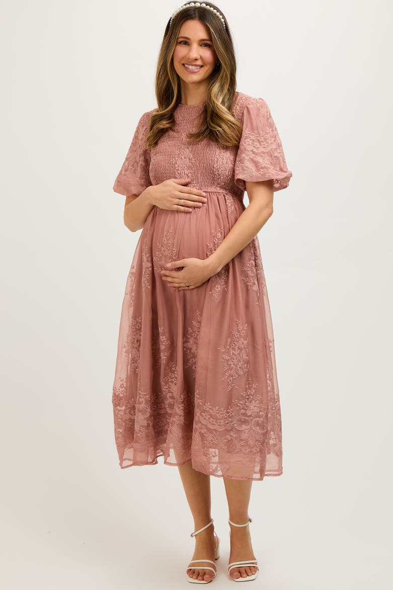 Floral Lace Smocked Midi Dress, Alternate, color, Mauve