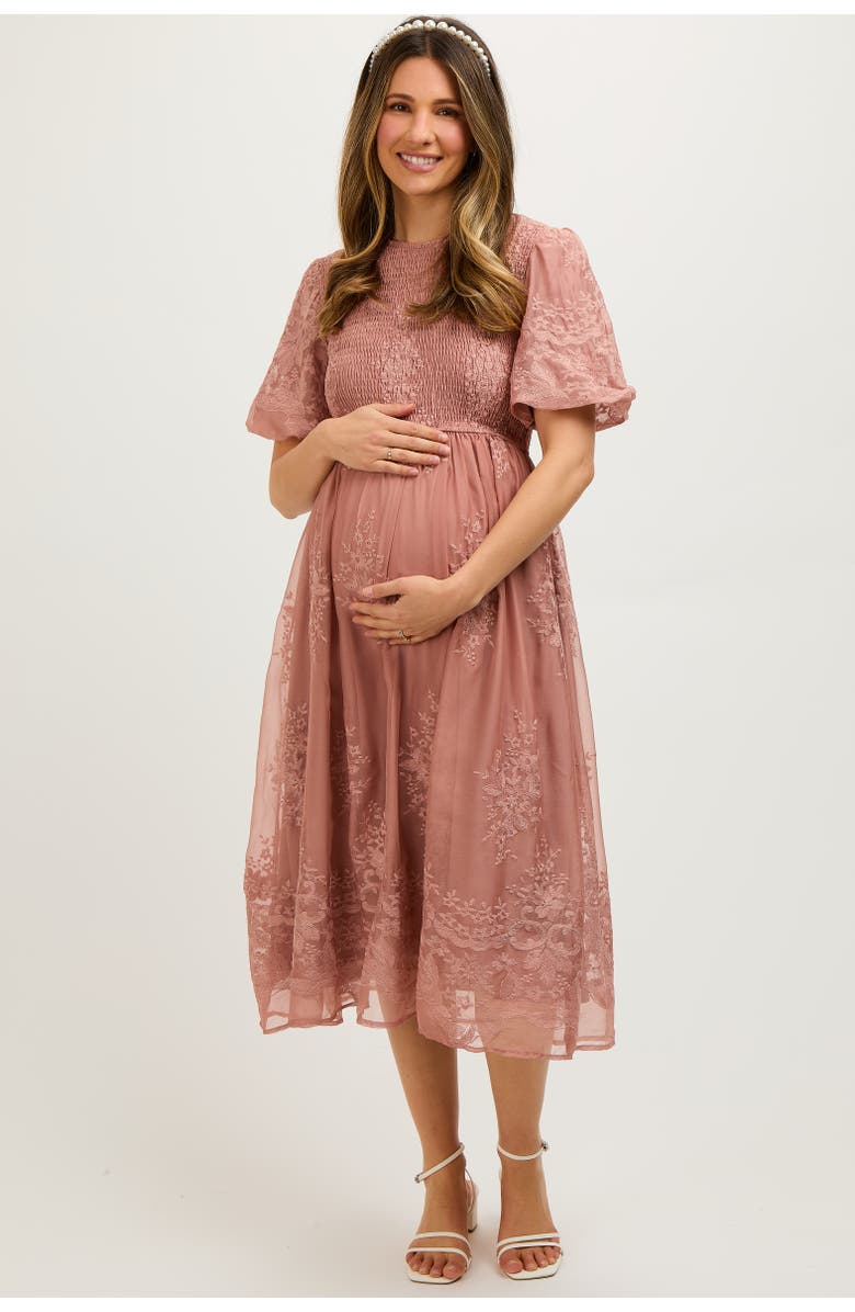 PinkBlush Floral Lace Smocked Midi Dress, Alternate, color, Mauve