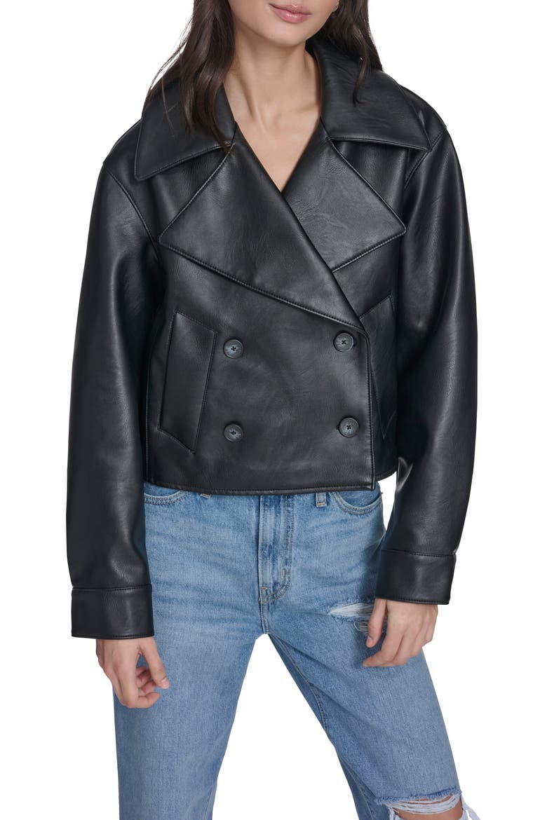 Double Breasted Faux Leather Crop Trench Coat, Main, color, BLACK