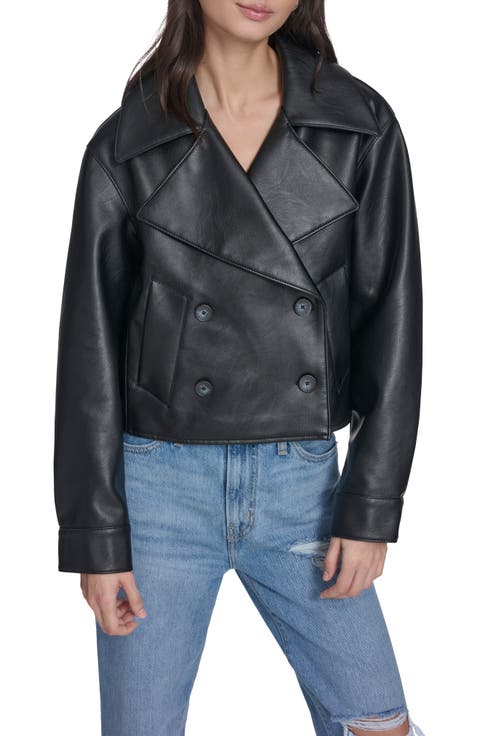 Double Breasted Faux Leather Crop Trench Coat