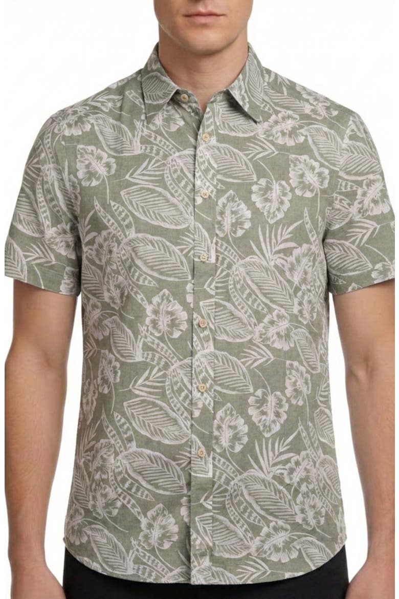 Yarn Dye Tropical Print Button-Up Shirt, Main, color, SAGE