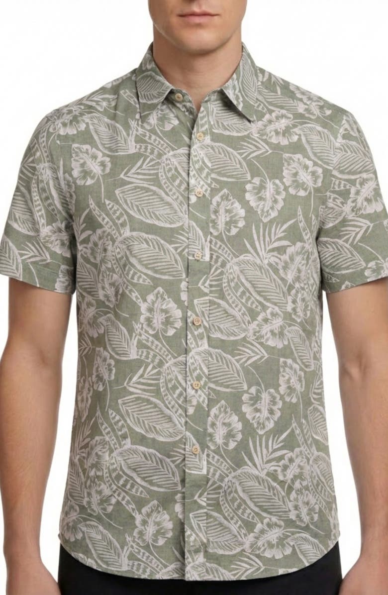Report Collection Yarn Dye Tropical Print Button-Up Shirt, Main, color, Sage