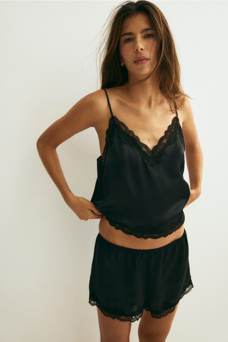 Lace-trimmed Satin Pyjamas, Alternate, color, Black
