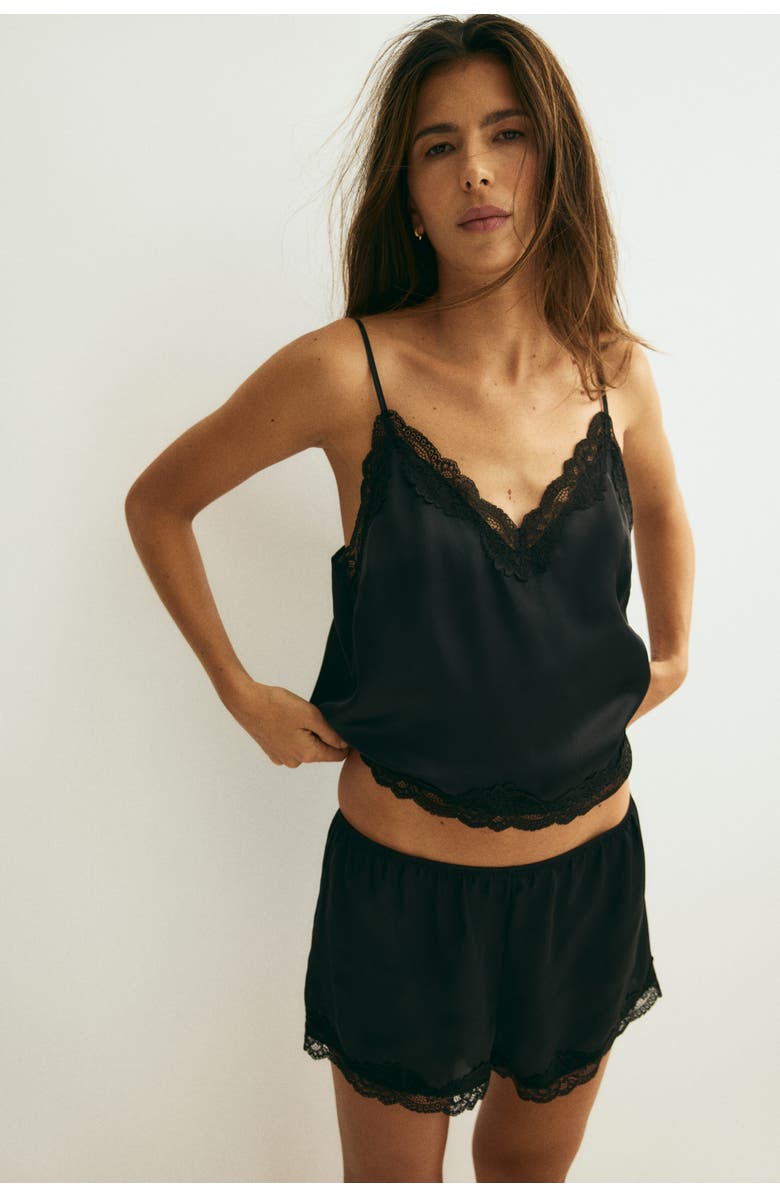 H&M Lace-trimmed Satin Pyjamas, Alternate, color, Black