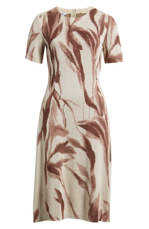 Misook A-line Botanical Jacquard Soft Knit Midi Dress In Brown