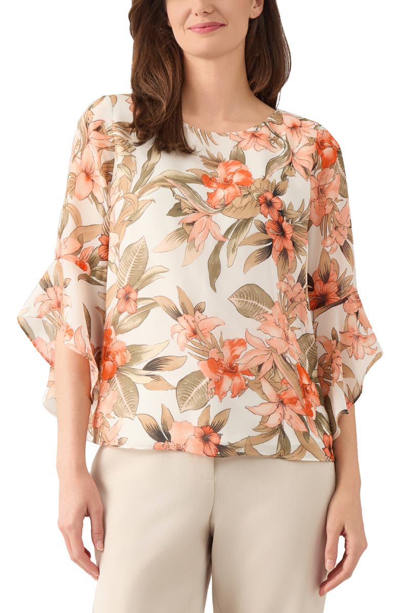 KASPER Floral Ruffle Sleeve Chiffon Top, Main, color,