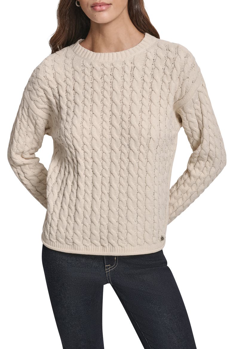 Cable Knit Crewneck Sweater, Main, color, BLONDE