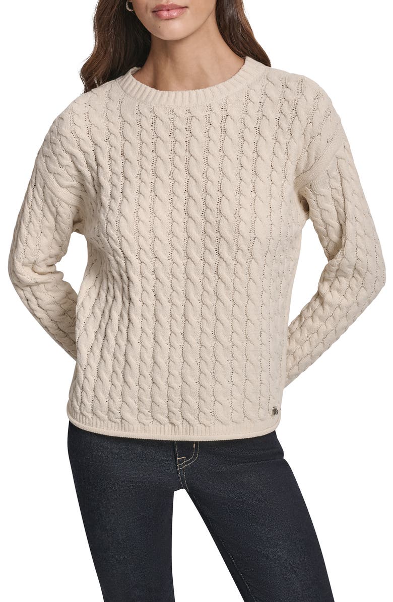 DKNY Jeans Cable Knit Crewneck Sweater, Main, color, Blonde