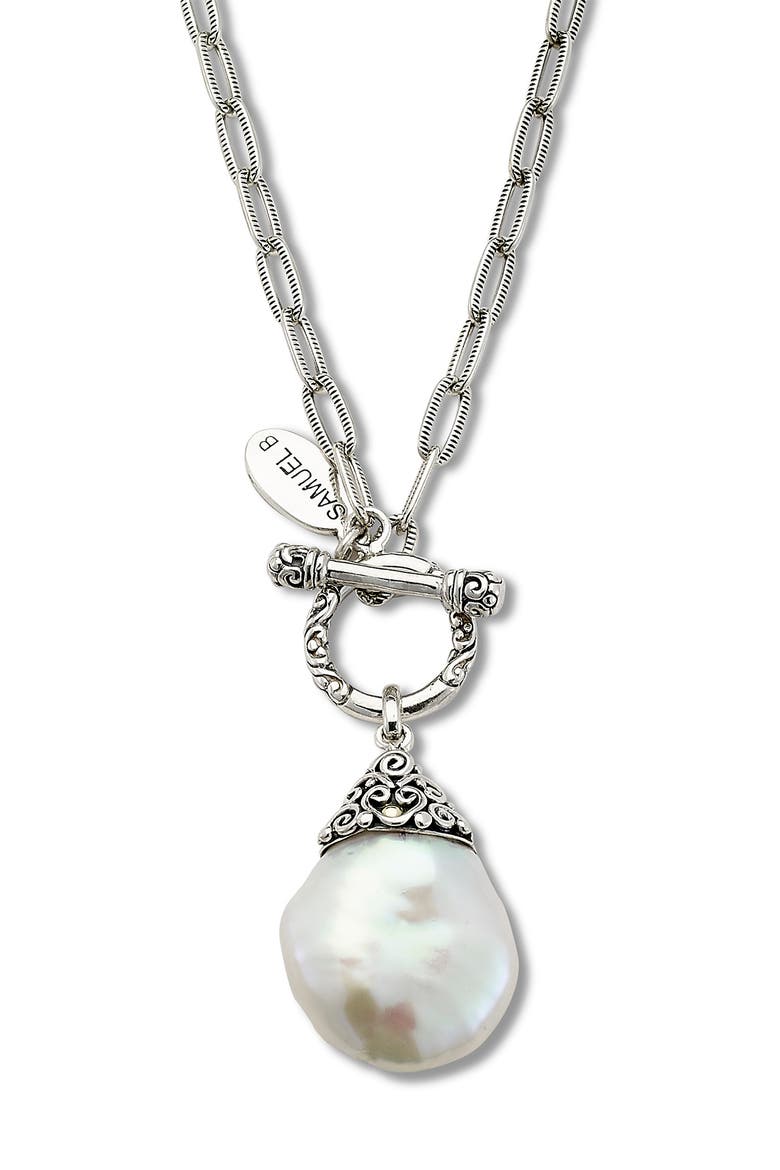 Sterling Silver & 18K Gold 20mm Baroque Pearl Toggle Pendant Necklace, Main, color, WHITE