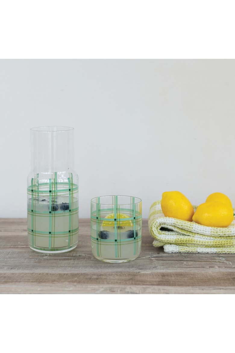 Glass Carafe with Drinking Glass and Grid Pattern, Green, Alternate, color, Green