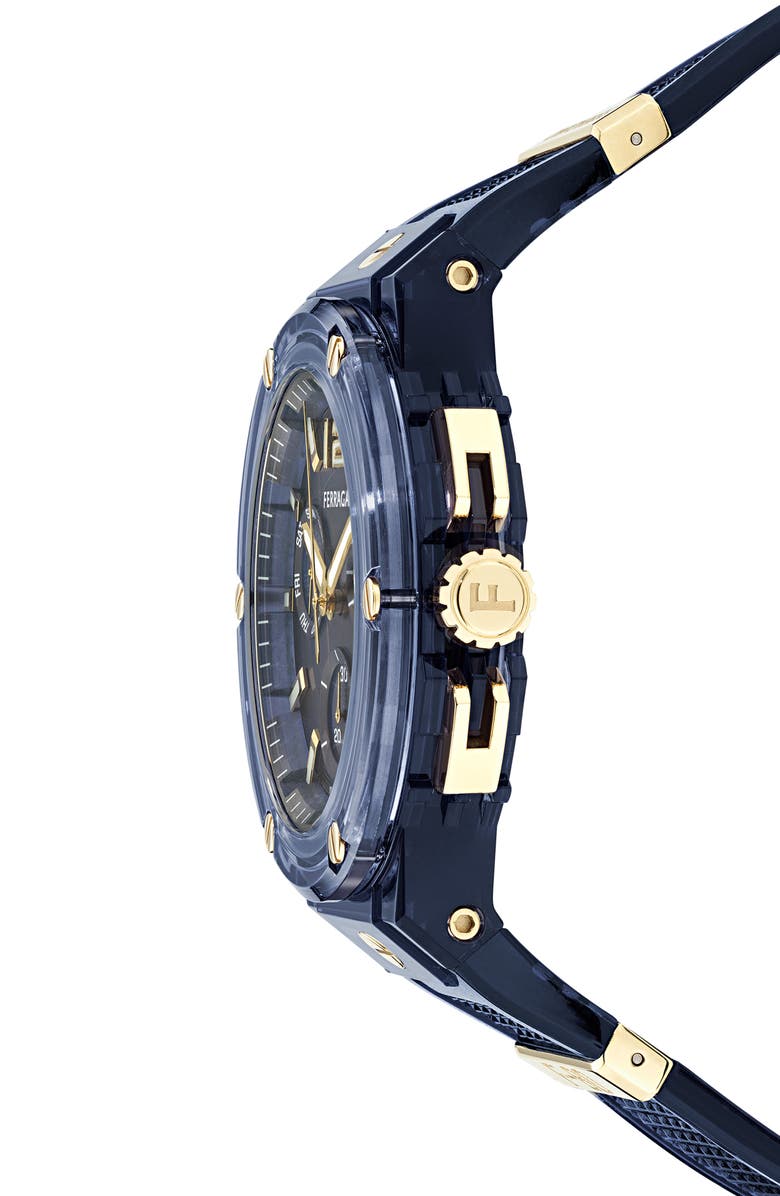 FERRAGAMO F-80 Translucent Chronograph Recycled Polyurthane Strap Watch, 44mm, Alternate, color, Blue