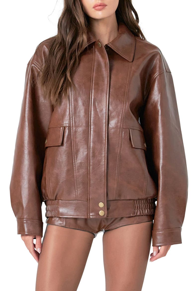 Oversize Faux Leather Jacket, Main, color, BROWN