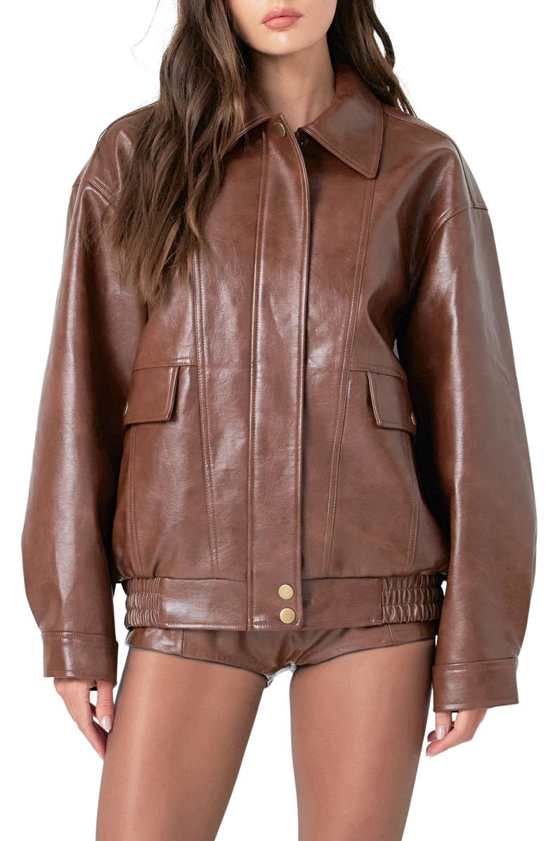 Grey Lab Oversize Faux Leather Jacket, Main, color, Brown