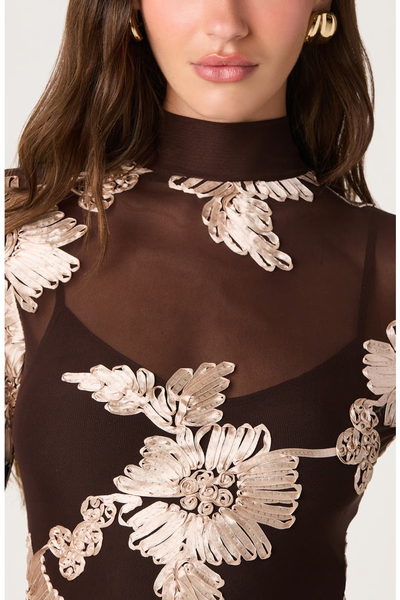 Florentine Floral Embroidered Mock Neck Midi Dress, Alternate, color, BROWN CREAM FLORAL