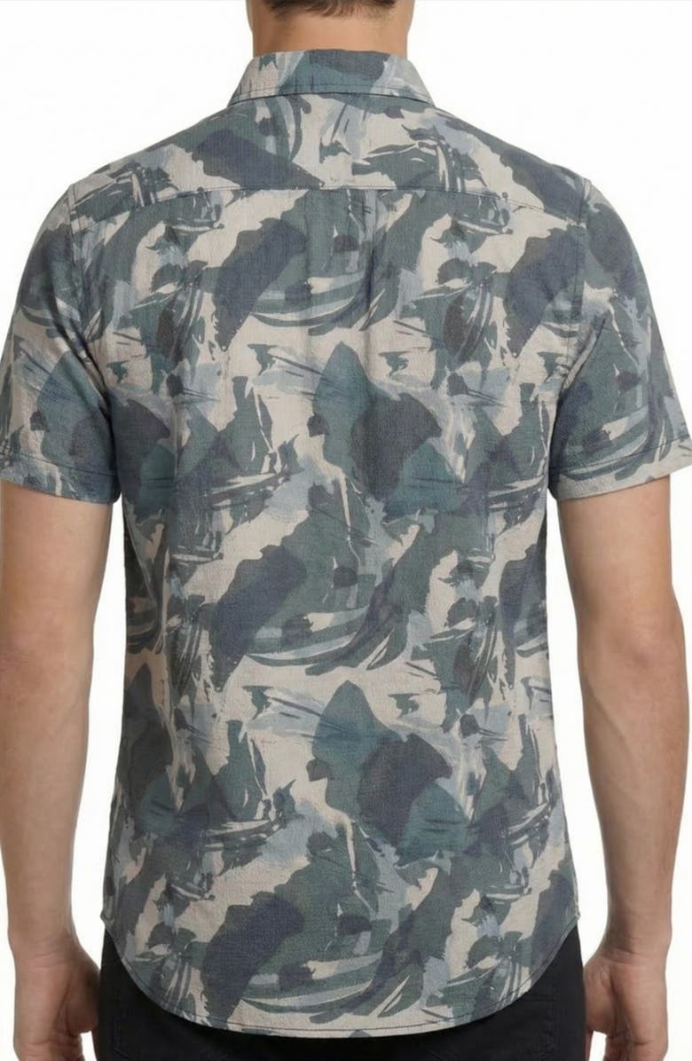 Report Collection Abstract Camo Print Short Sleeve Seersucker Button-Up Shirt, Alternate, color, 40 Blue