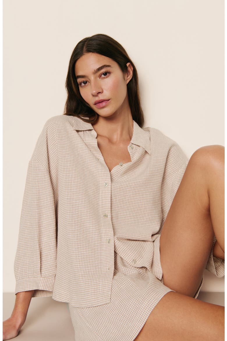 Relaxed Linen Blend Button-Up Sleep Shirt, Alternate, color, GINGHAM WHITE/ WARM TAUPE